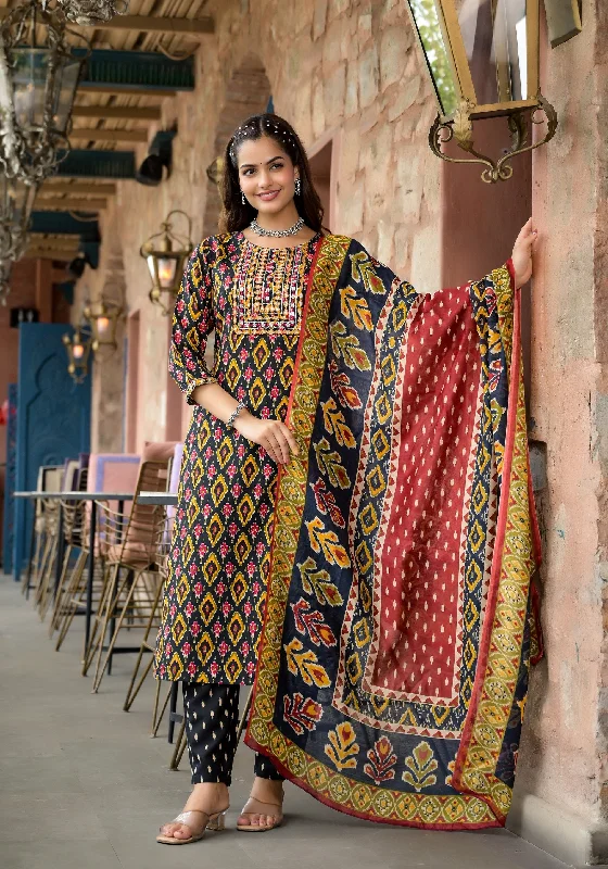Indian Fashion Women Yellow Embroidery Viscose Rayon Kurta, Pant And Dupatta Set High-Waist Jeans