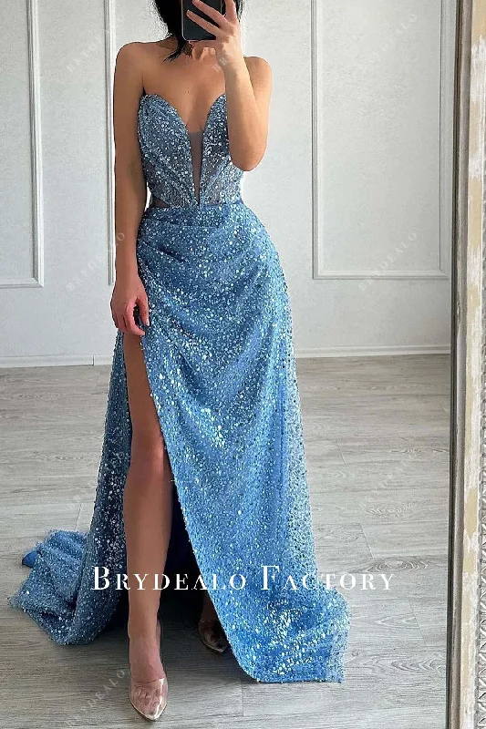 Blue Sequined Strapless Sweetheart Neck Prom Dress Tunics Fashionable chic
