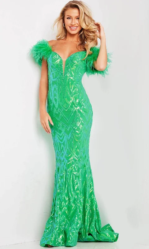 Jovani 23383 - Feather Ornate Sequin Prom Dress Tunics Fashionable trendy