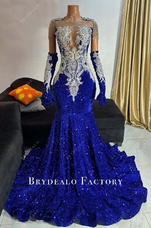 Plunging Neck Royal Blue Sequin Mermaid Prom Dress Tunics Party sparkling