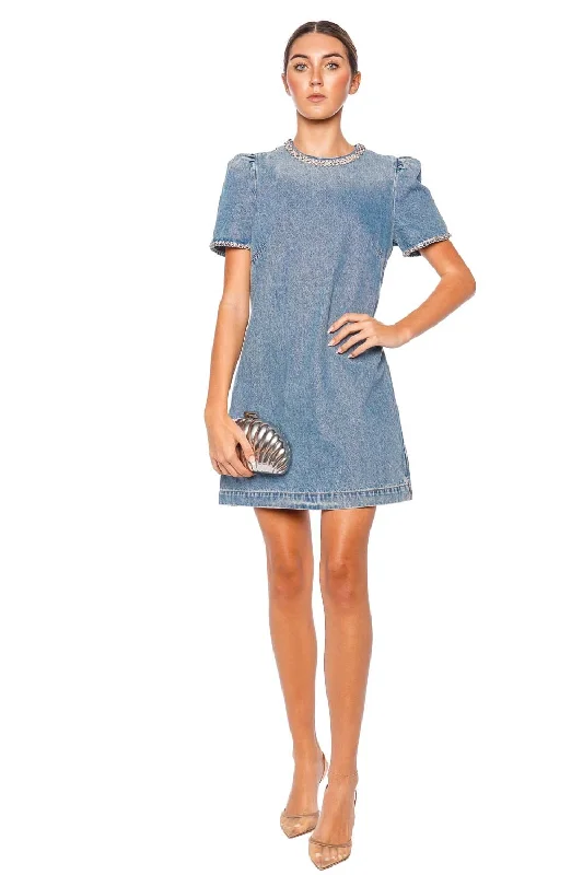 Crush Embellished Denim Mini Dress Stylish Puff Sleeve Mini Dress
