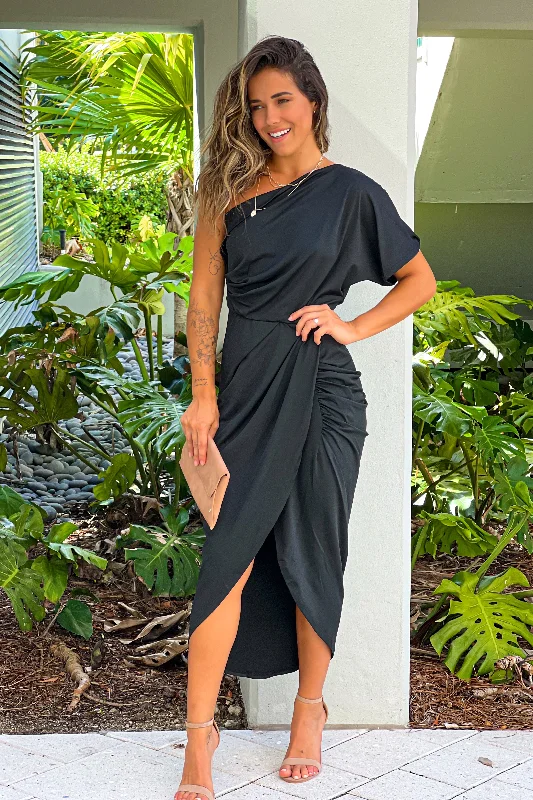 Black Bodycon One Shoulder Ruched Dress Tunics Versatile all-occasion