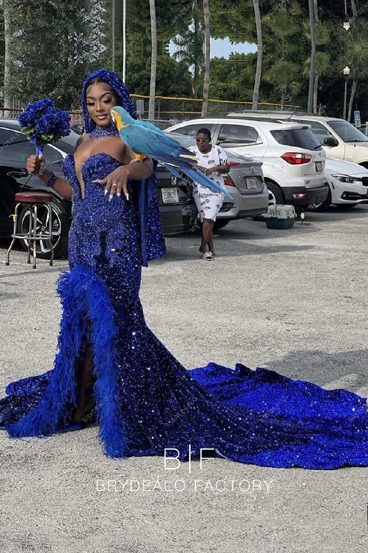 Strapless Royal Blue Sequin Feathers Slit Mermaid Prom Dress Tunics Fashionable trendy