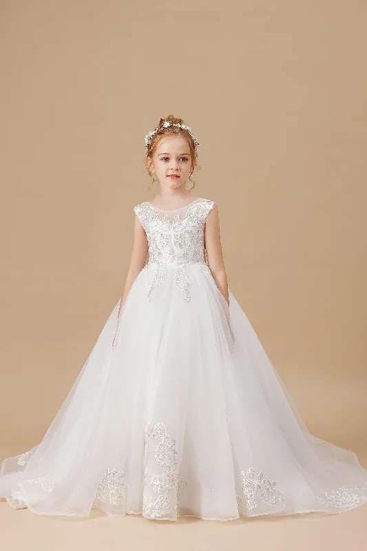 Multi-Layer Ivory Sleevelesss Applique Tulle Flower Girl Dresses with Trailing