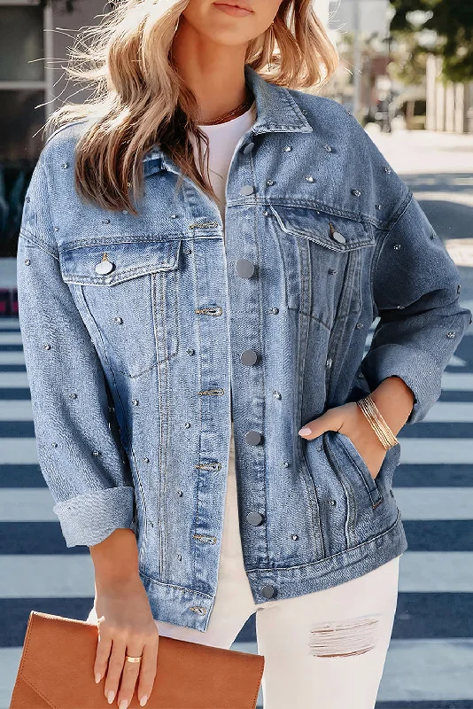 Rhinestones Studded Denim Jacket Fleece Jacket Down Jacket Feather Jacket