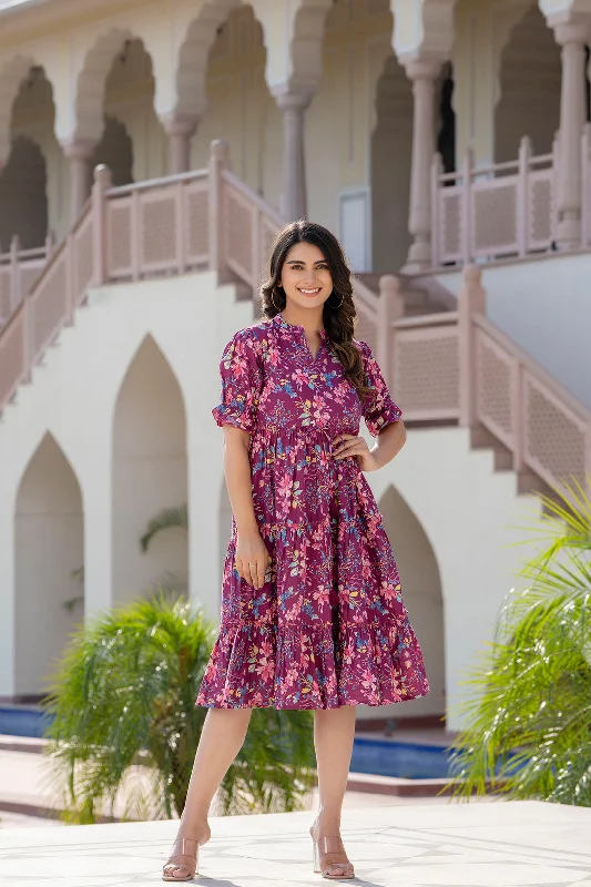Women Burgundy Printed Flared Dress - Rasiya