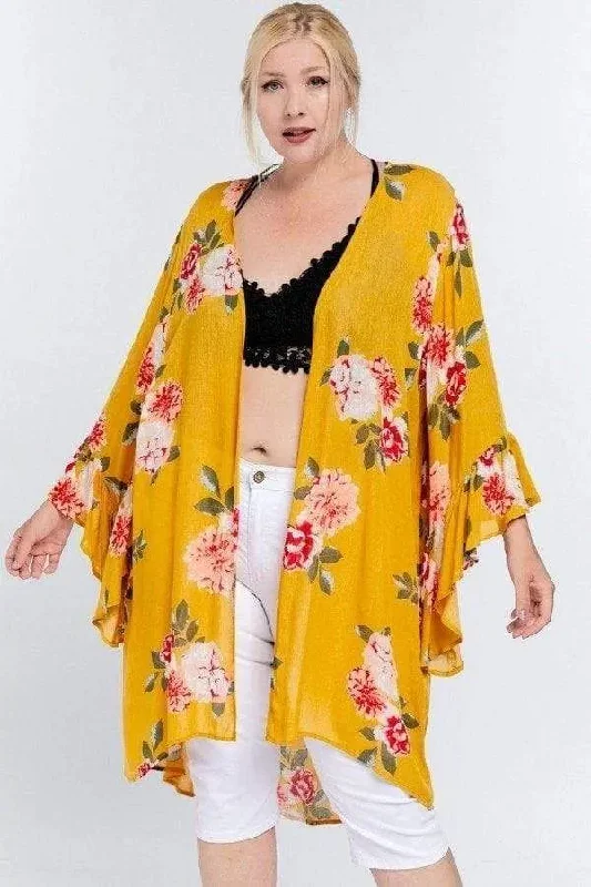 Plus Size Floral Print Ruffle Detailed Draped Longline Maxi Kimono Cardigan Anti-Pilling Anti-Shrink Durable Plus Size Floral Print Ruffle Detailed Draped Longline Maxi Kimono Cardigan Anti-Pilling Anti-Shrink Durable