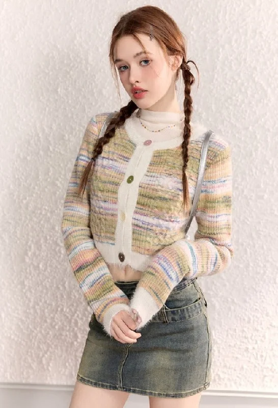 Stripe Knit Cropped Cardigan Tops Fitted Loose Oversized