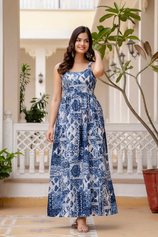 Women Blue Printed Flared Dress - Rasiya