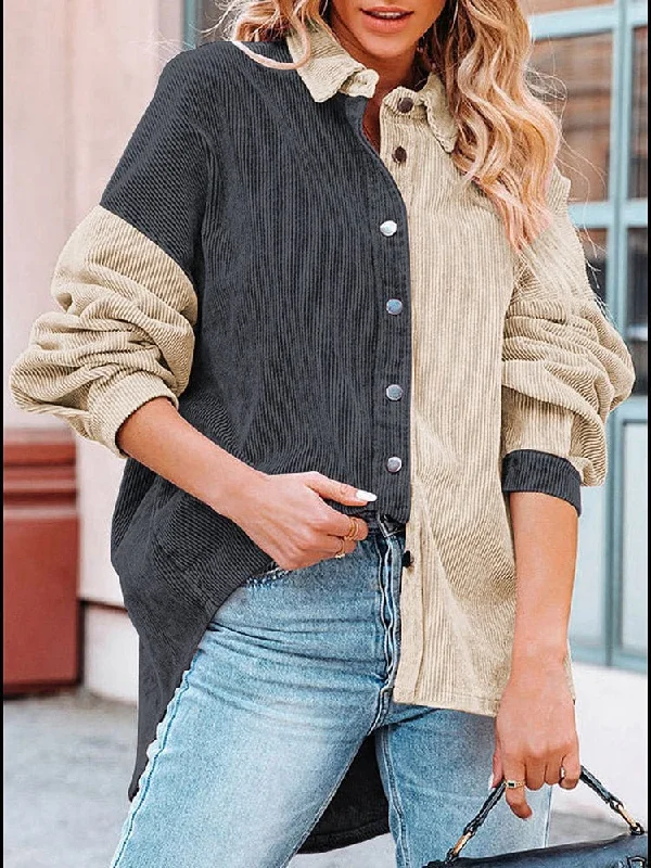 Beige and Brown Corduroy Jacket Stand-Up Collar Roll-Neck Collar Turtle Neck