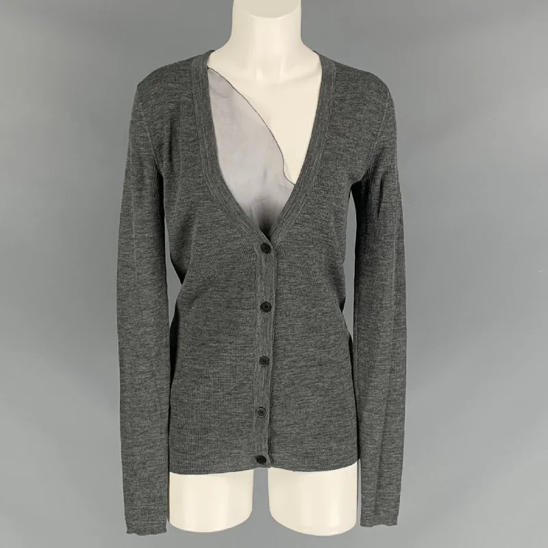 VERA WANG Size M Grey Wool Textured V-Neck Cardigan Real Fur Shearling Chenille