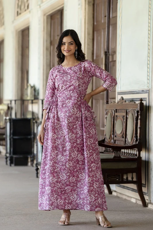 Women Pink Printed Flared Dress With Three quarter Sleeves - Rasiya