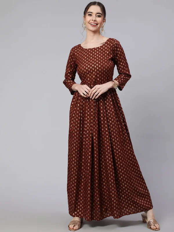 Women Brown Printed Flared Dress With Three quarter Sleeves - Rasiya
