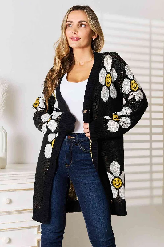Double Take Floral Button Down Longline Cardigan Fleece Cardigan Nylon Polyester