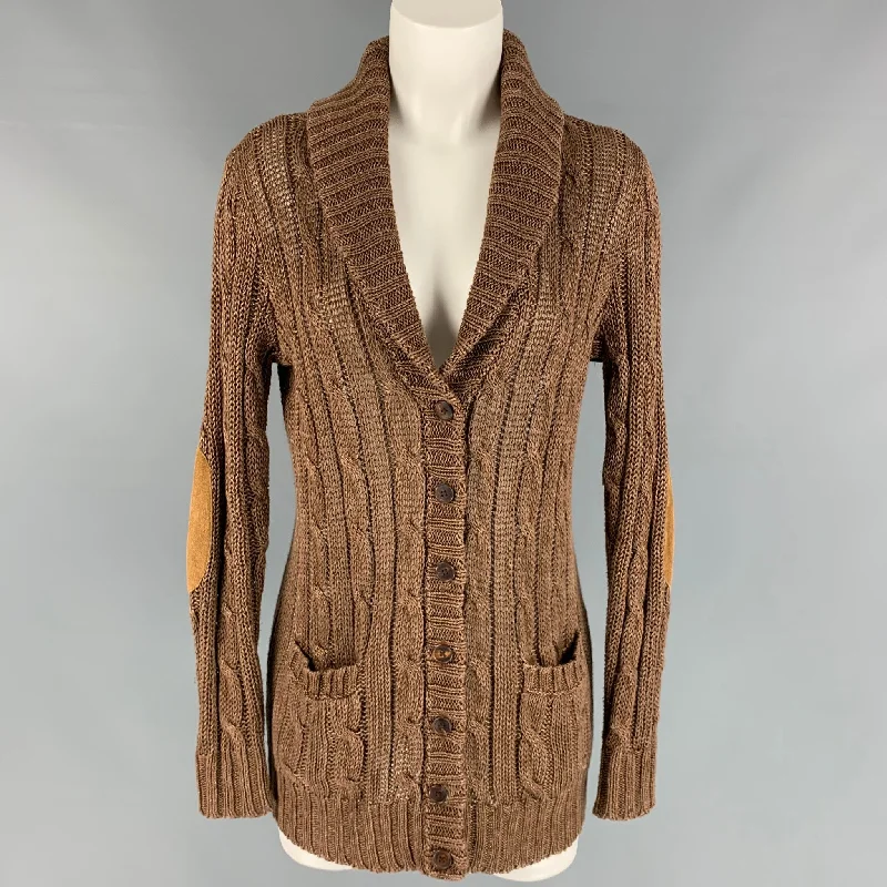 RALPH LAUREN Size S Brown Linen Suede Elbow Patches Cardigan Embroidered Appliqued Beaded RALPH LAUREN Size S Brown Linen Suede Elbow Patches Cardigan Embroidered Appliqued Beaded