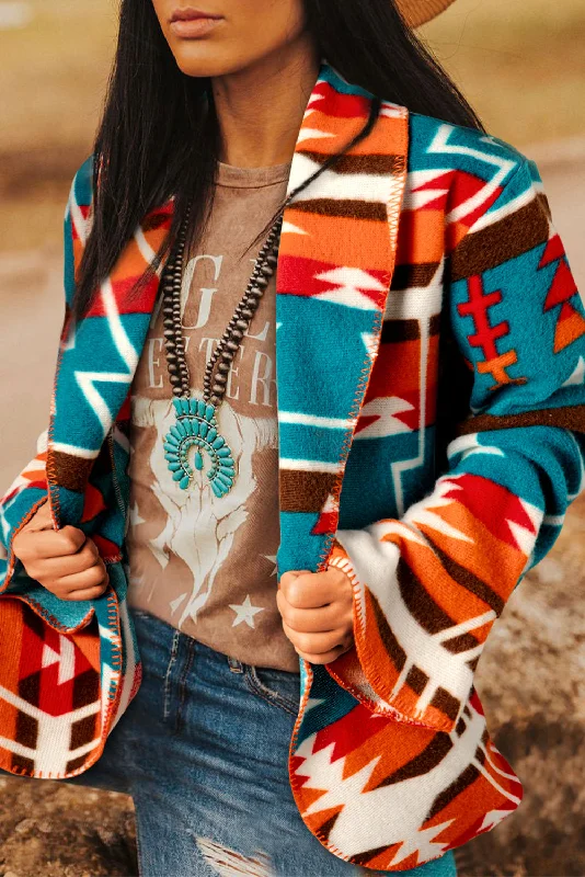Aztec Printed Lapel Bell Sleeve Jacket Front Pockets Side Pockets Patch Pockets