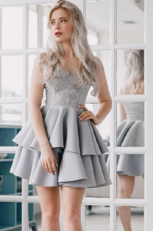 Fashion Lace Appliques Spaghetti Straps Silver Grey Short Homecoming Dresses Prom Hoco Dress