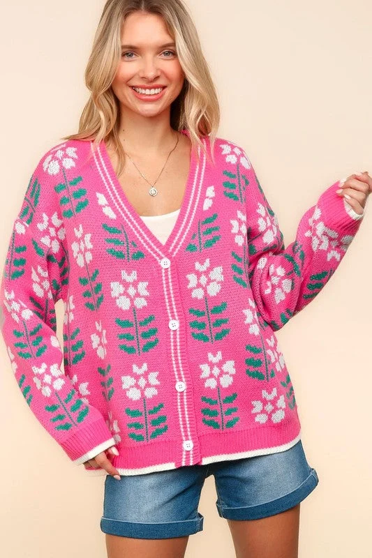Haptics Full Size Floral Jacquard V-Neck Button Up Cardigan Fitted Slim Tailored