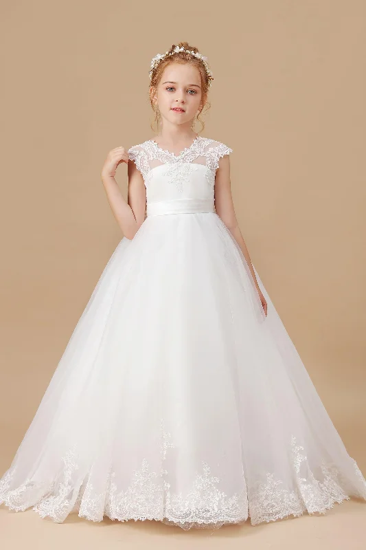 Floor-length V-neck Ivory Lace Tulle Satin Flower Girl Dresses