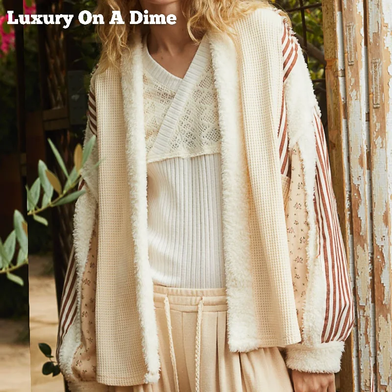 POL Fleece Patchwork Waffle Knit Raw Exposed Seam Floral Stripe Boho Cardigan Cardigan Knitwear Sweater POL Fleece Patchwork Waffle Knit Raw Exposed Seam Floral Stripe Boho Cardigan Cardigan Knitwear Sweater