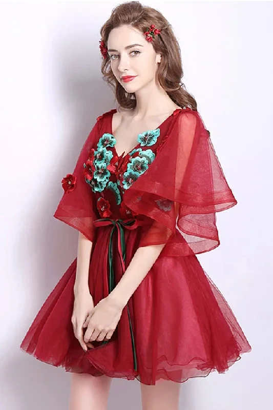 New Arrival 3D Floral Burgundy Tulle V Neck Short Prom Dress Homecoming Dresses