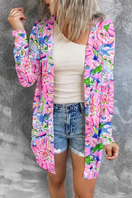 Floral Open Front Long Sleeve Cardigan Iron Safe Non-Iron Wrinkle Free