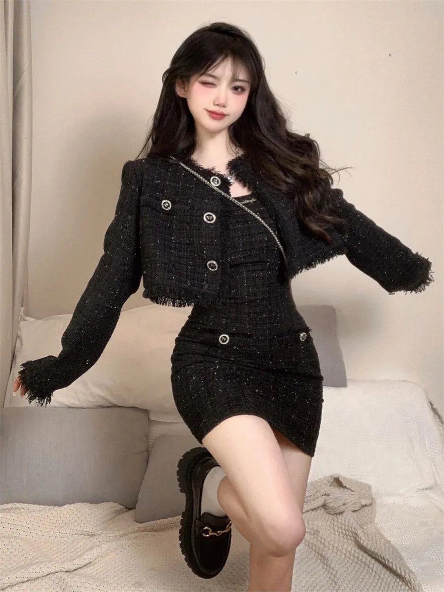 High-end Style Women's Suit Skirt Set Fashion Spring and Autumn Design Sense Slim-fit Short Jacket Top Sling Dress Two-piece Set Bomber Jacket Anorak Windbreaker