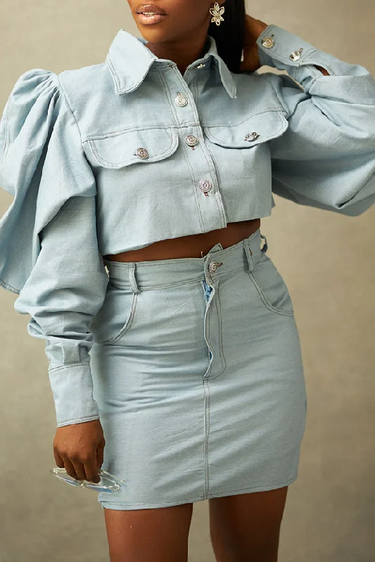 Fashionable Leg Of Mutton Sleeves Denim Jacket & Skirt Set Wool Fabric Cashmere Fabric Tweed Fabric