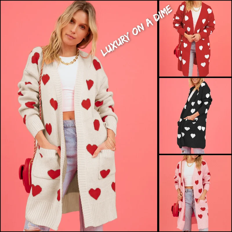 Red Heart Long Knit Open Front Longline Pocket Casual Sweater Cardigan Real Fur Shearling Chenille Red Heart Long Knit Open Front Longline Pocket Casual Sweater Cardigan Real Fur Shearling Chenille