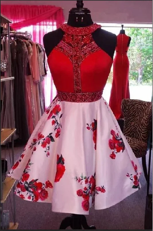 Fashion High Neck Printed Fabric Beaded Red Homecoming Dresses Short Prom Dress