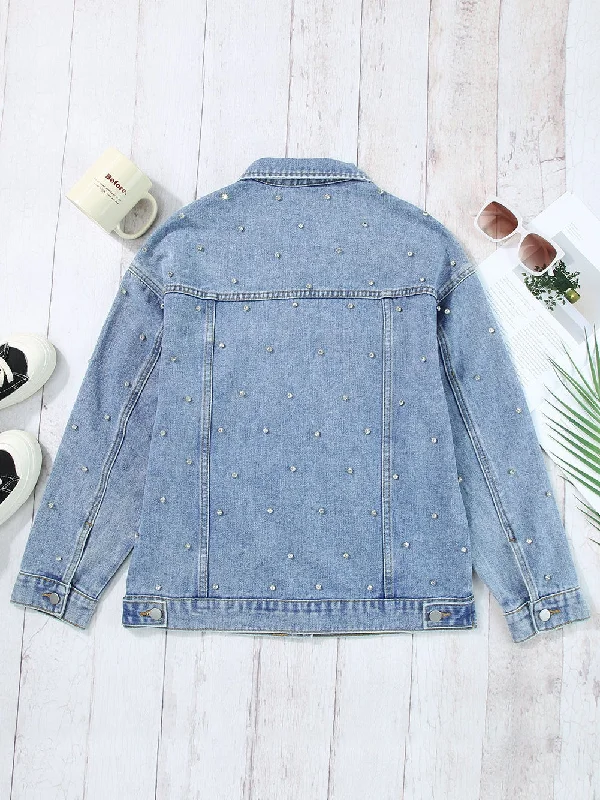 Blue Denim Jacket with Rhinestone Embellishments Ribbed Jacket Pleated Jacket Ruffled Jacket