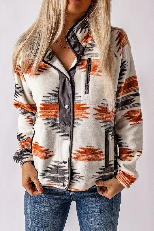 Western Aztec Snap Buttoned Fleece Jacket Tiered Jacket Buttoned Jacket Zippered Jacket