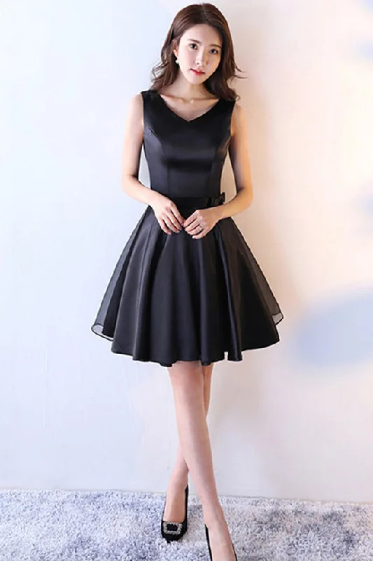 Simple V Neck Black Satin Homecoming Dresses Short Prom Cocktail Dress