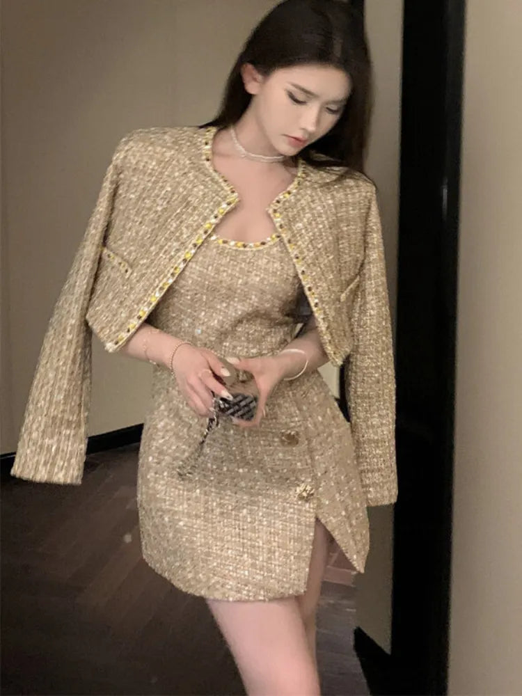 Gold Tweed 2 Piece Suit Jacket for Women 2023 Autumn Winter Luxury Designers Elegant Wool Coat + Strap Mini Dress Korean Fashion Denim Jacket Leather Jacket Suede Jacket