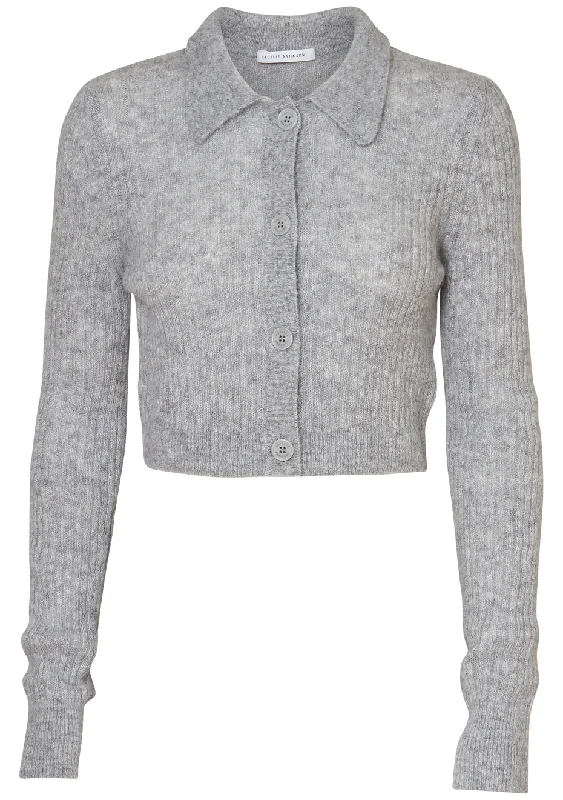 Jacqueline Cardigan Soft Grey Notch Collar Peter Pan Collar Cowl Neck