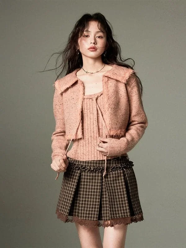 Cropped Knitted Cardigan & Camisole Set With Big Collar Print Jacquard Patchwork