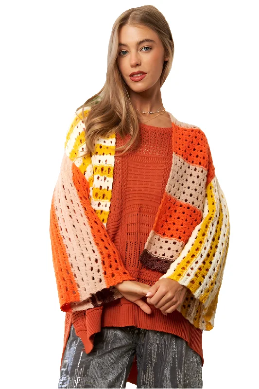 DAVI & DANI Retro Crochet Granny Knit Patch Contrasting Stripe Open Sweater Cardigan Welt Pockets Slit Pockets Flap Pockets DAVI & DANI Retro Crochet Granny Knit Patch Contrasting Stripe Open Sweater Cardigan Welt Pockets Slit Pockets Flap Pockets