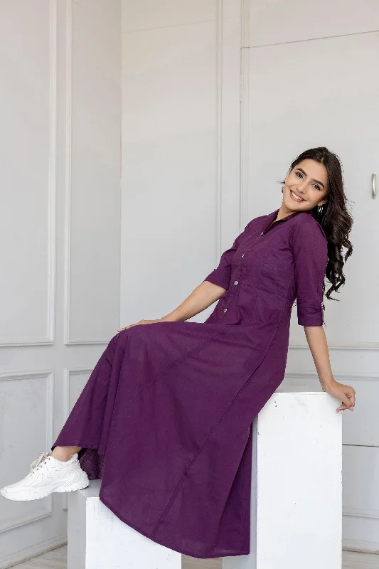 Women Purple Solid Flared Dress With Three quarter Sleeves - Rasiya