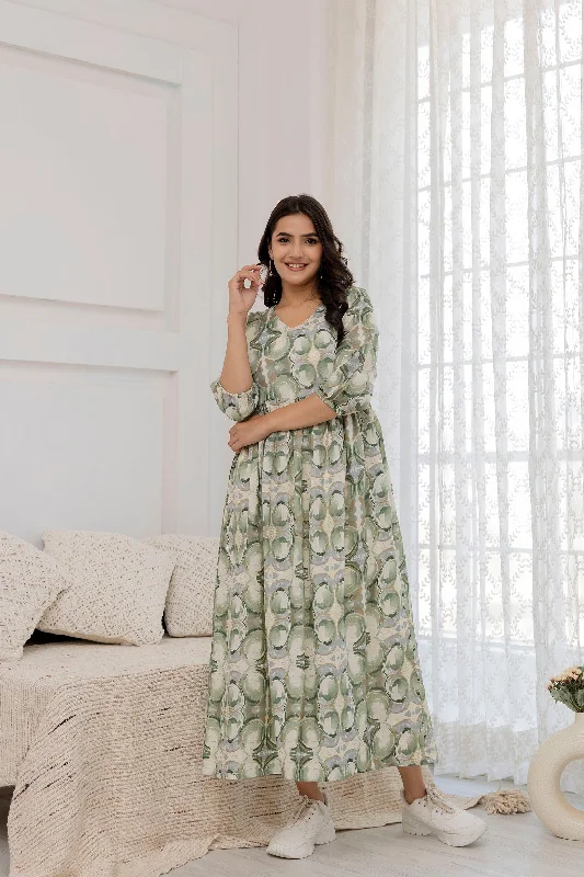 Women Green Abstract Printed Flared Dress - Rasiya