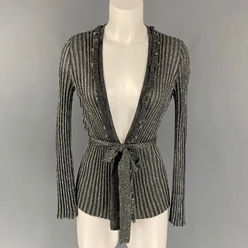 M MISSONI Size 4 Silver & Black Metallic Acetate Blend Belted Cardigan Elasticated Padded Insulated M MISSONI Size 4 Silver & Black Metallic Acetate Blend Belted Cardigan Elasticated Padded Insulated
