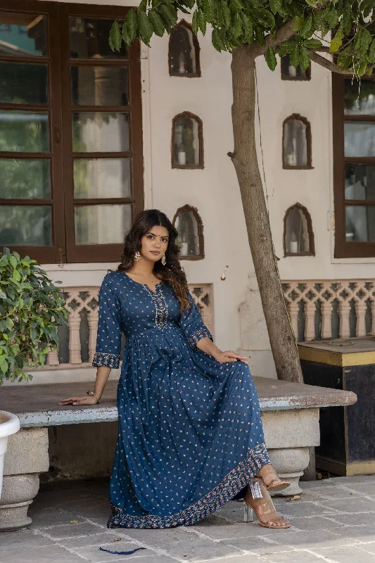 Women Blue Ethnic Motifs Printed Flared Dress - Rasiya