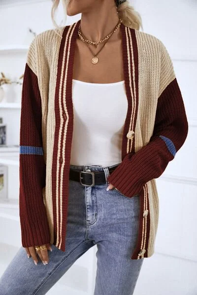 Contrast Button Up Dropped Shoulder Cardigan Open Front Closed Front Wrap Front