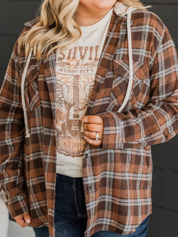 Brown Plus Size Plaid Contrast Button up Hooded Jacket V-Neck Jacket Boat Neck Jacket Square Neck Jacket