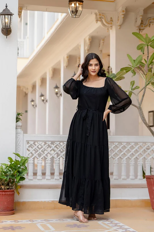 Women Black Georgette Flared Dress - Rasiya