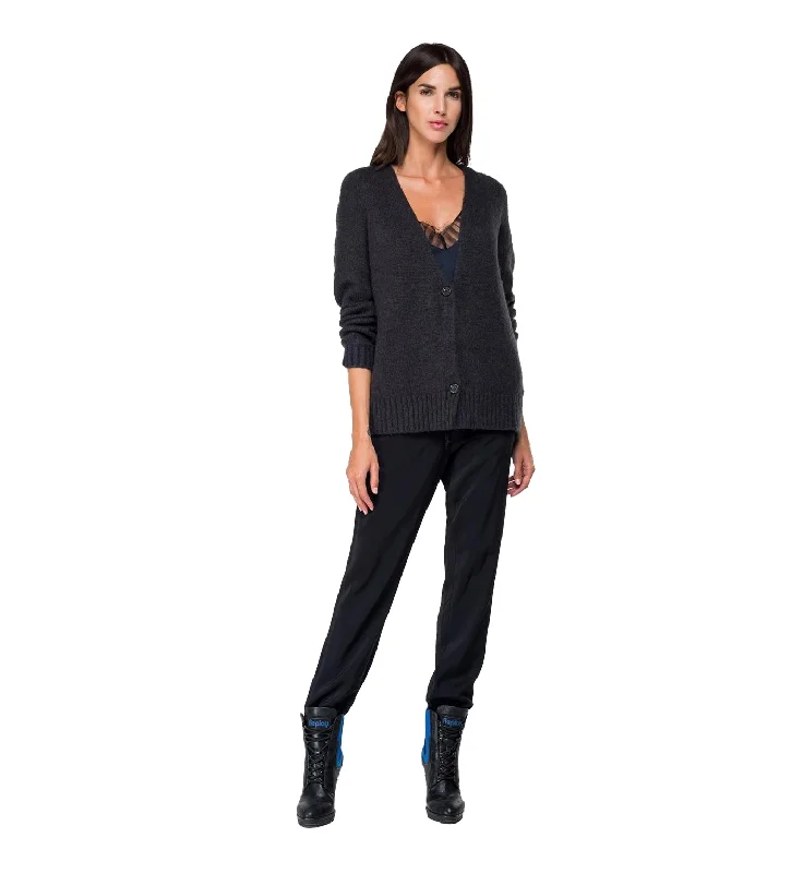 Replay DK6019 Two Button Knitted Cardigan, Black Chenille Fabric Brocade Fabric Lace Fabric Replay DK6019 Two Button Knitted Cardigan, Black Chenille Fabric Brocade Fabric Lace Fabric