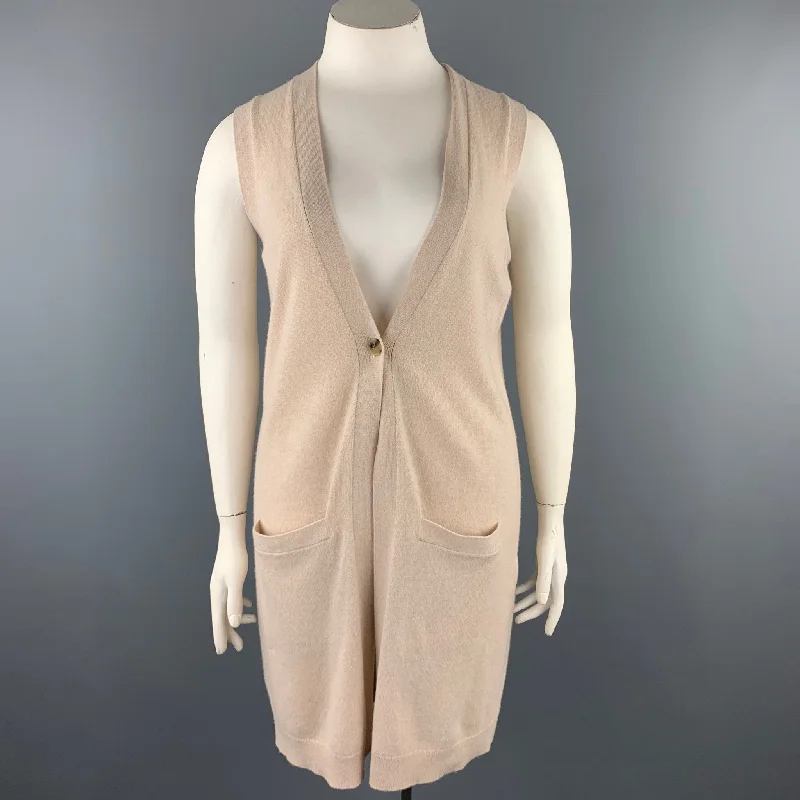 THEORY Size L Beige Knitted Cashmere Sleeveless Cardigan Open Front Closed Front Wrap Front THEORY Size L Beige Knitted Cashmere Sleeveless Cardigan Open Front Closed Front Wrap Front