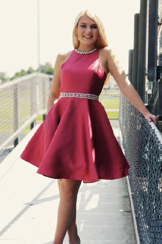 Chic Open Back High Neck Short Homecoming Dress Beaded Prom Graduation Dresses