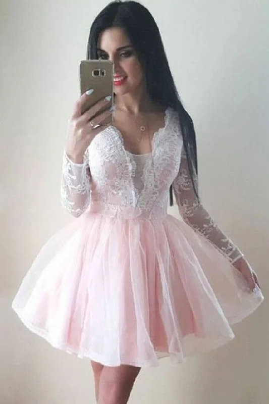 Fashion Long Sleeves White Lace Pink V Neck Mini Homecoming Dresses Graduation Dress