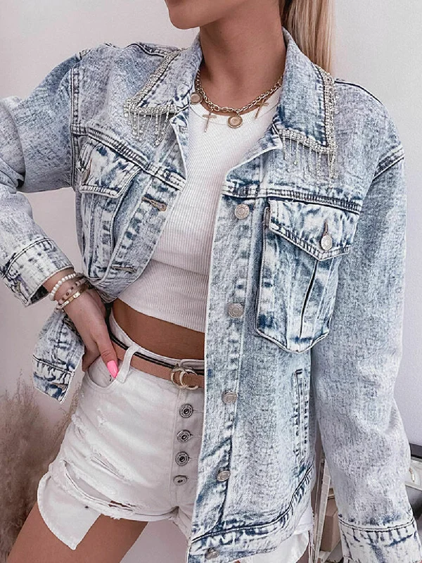 Blue Mist Rhinestone Embellished Fringed Denim Jacket Snapped Jacket Toggled Jacket Drawstring Jacket