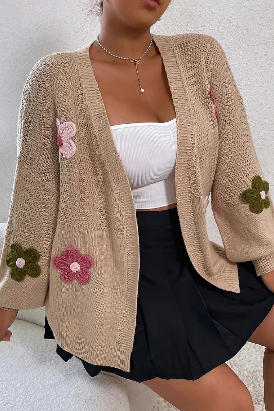 Blue Zone Planet | Floral Applique Drop Shoulder Open Front Cardigan Bright Pastel Dark Blue Zone Planet | Floral Applique Drop Shoulder Open Front Cardigan Bright Pastel Dark